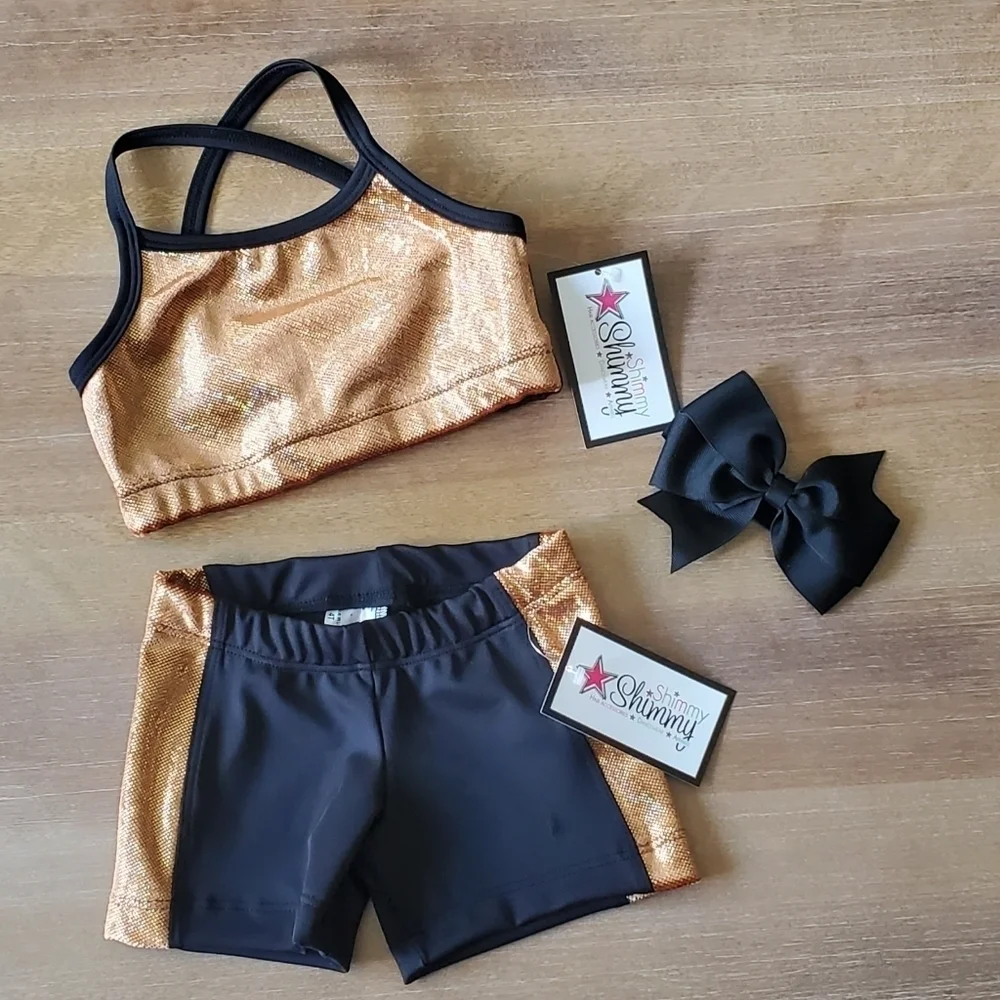 Shimmy Shimmy Inc Gold Hologram Dance crop top and short Set NWT Cheer Gym